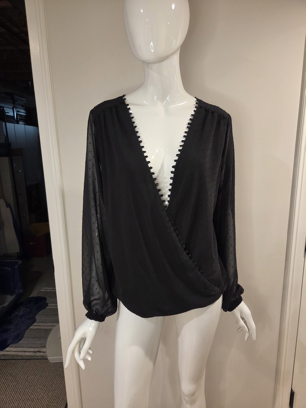 White House Black Market Black Swiss Dot Faux Wrap Blouse